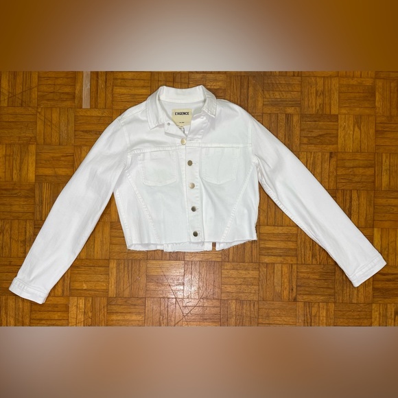 NWT L'agence Aria Cropped Safety Pin Denim Jacket White/Gold Size Large - Picture 3 of 10